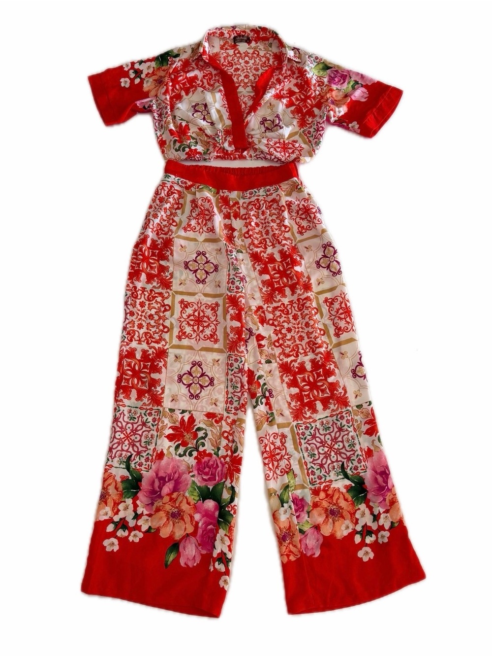 Lulumari Vibrant Orange Floral Wide-Leg Two Piece Pants and Cropped Top Set